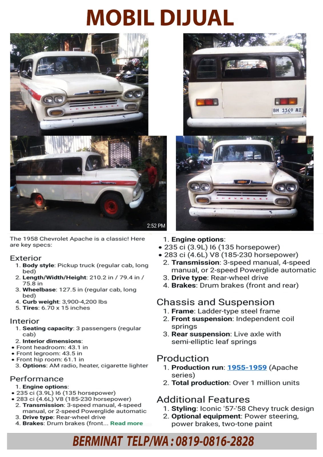 Mobil Dijual - Chevrolet Apache 1958 Classic Truck